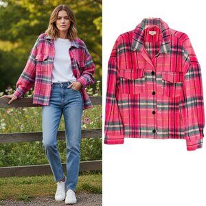 Crown & Ivy Flannel Shirt Jacket Sz XXL Pink Plaid Boxy Button up Shacket Layer